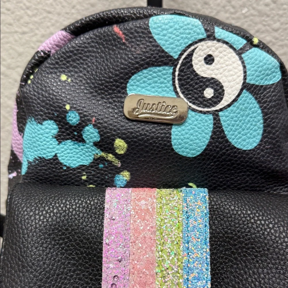 Justice Black Backpack with Multicolor Glitter Stripes